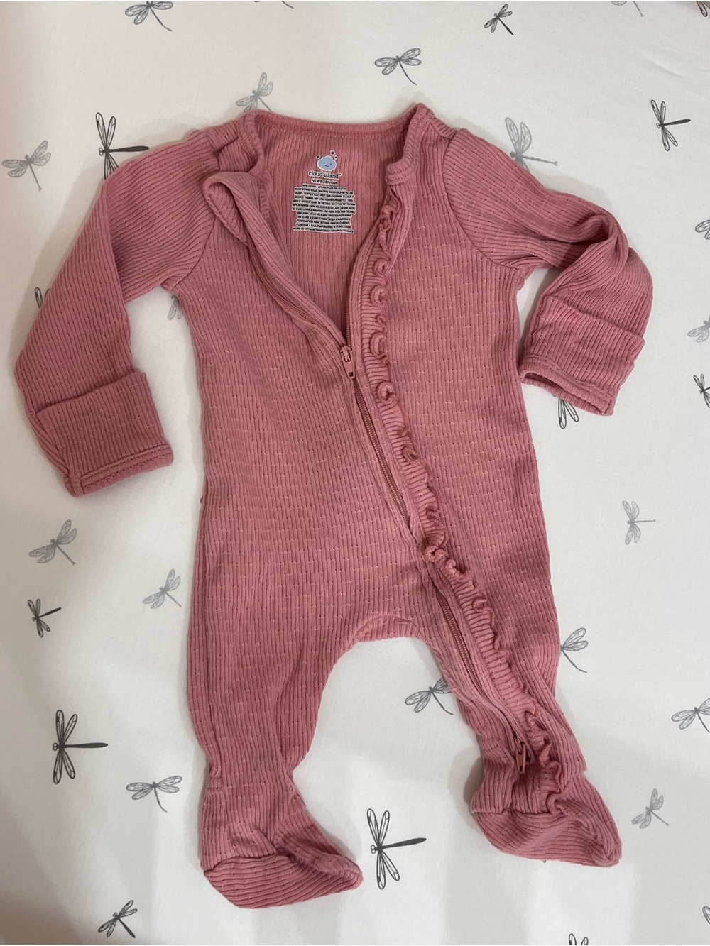 cloud island Ribbed Ruffle Zip Footed One-Piece - Dusty Rose Pink